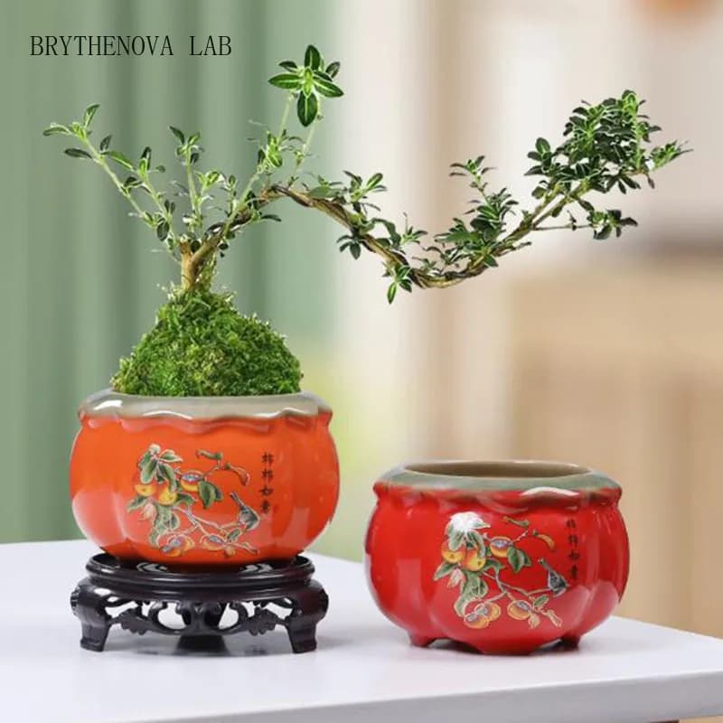 Chinese Style Ceramic Persimmon Flowerpot Green Radish Plant Office Pot Bonsai Vase Desktop Ornaments Home Garden Decor