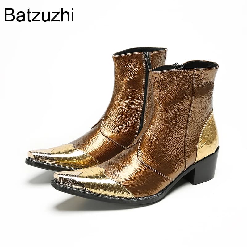 Batzuzhi Stivaletti in vera pelle dorata Uomo Tacchi alti 6,5 cm Stivaletti dorati per feste/matrimoni Scarpe per uomo con punta in ferro!