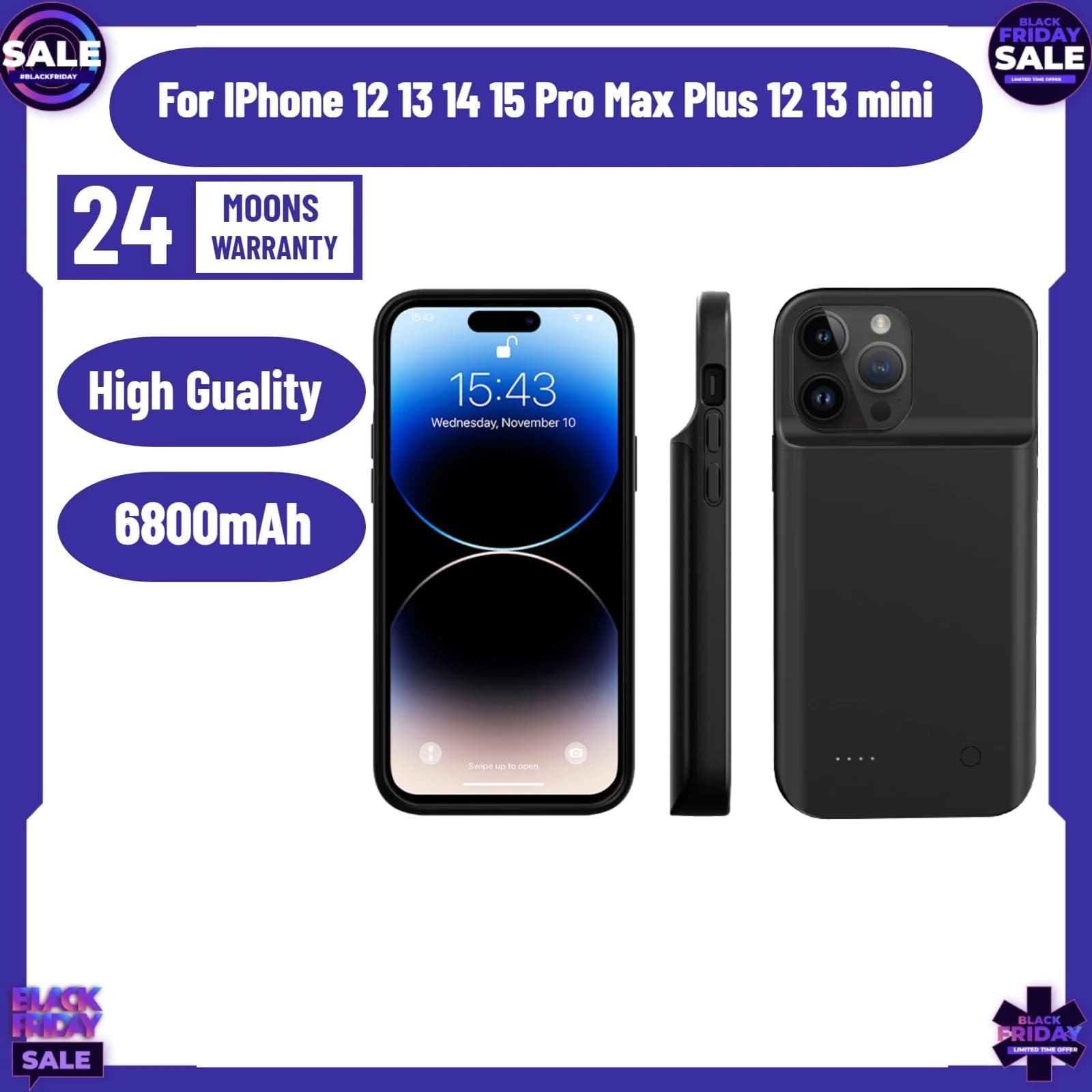 Custodia Caricabatterie da 6800mAh per iPhone 12 13 14 15 Pro Max Plus 12 13 mini, Power Bank con Ricarica Wireless e Cover Magnetica