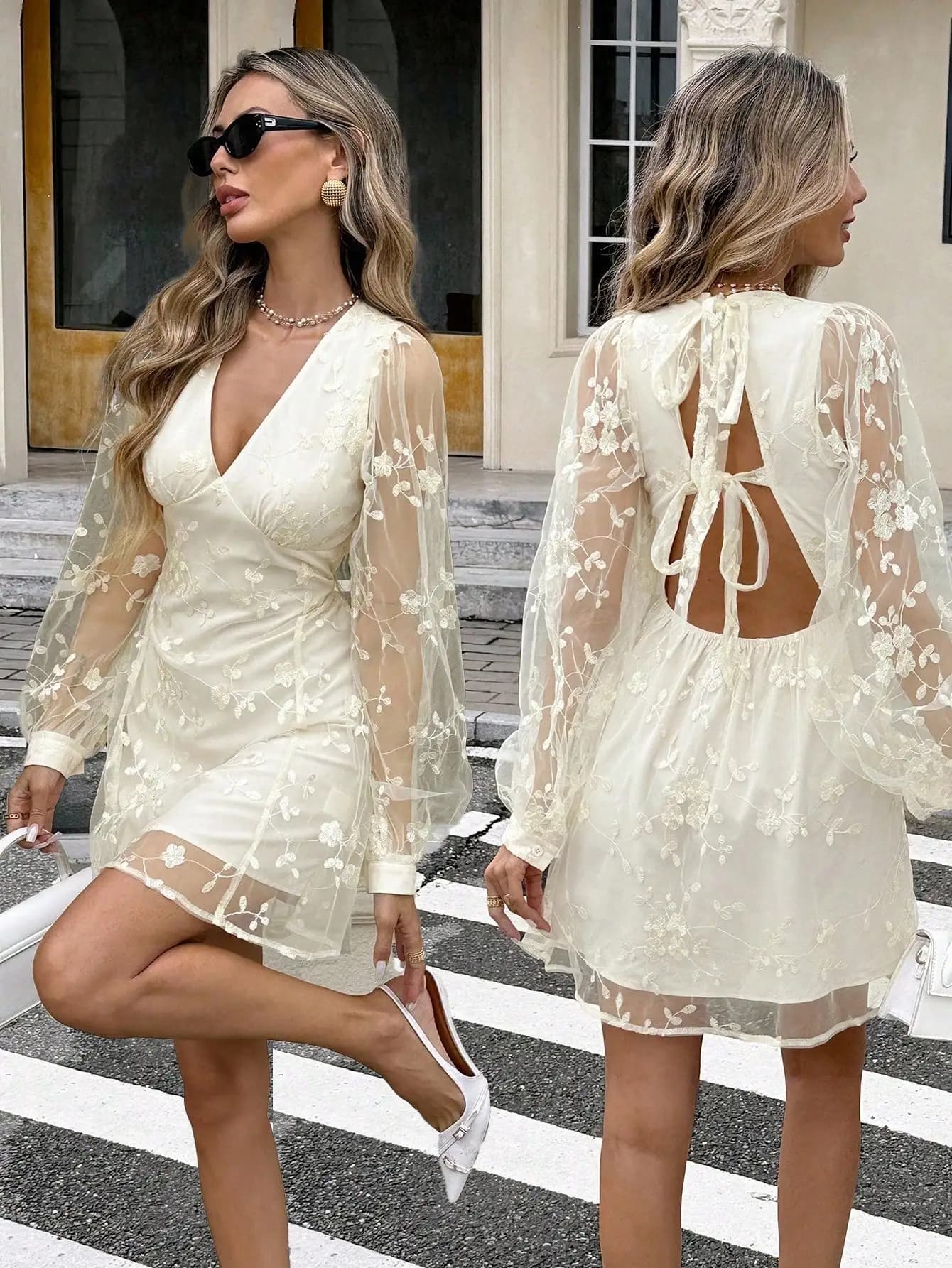 Abito Mini in Chiffon Ricamato a Maniche Lunghe, Elegante Vestito Romantico per Appuntamenti