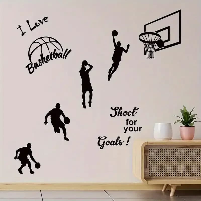 BRUP Basketball Silhouette Decalcomanie da muro - "I Love Basketball" e giocatori in posa, adesivi rimovibili in PVC con finitura semi-Opaca per B