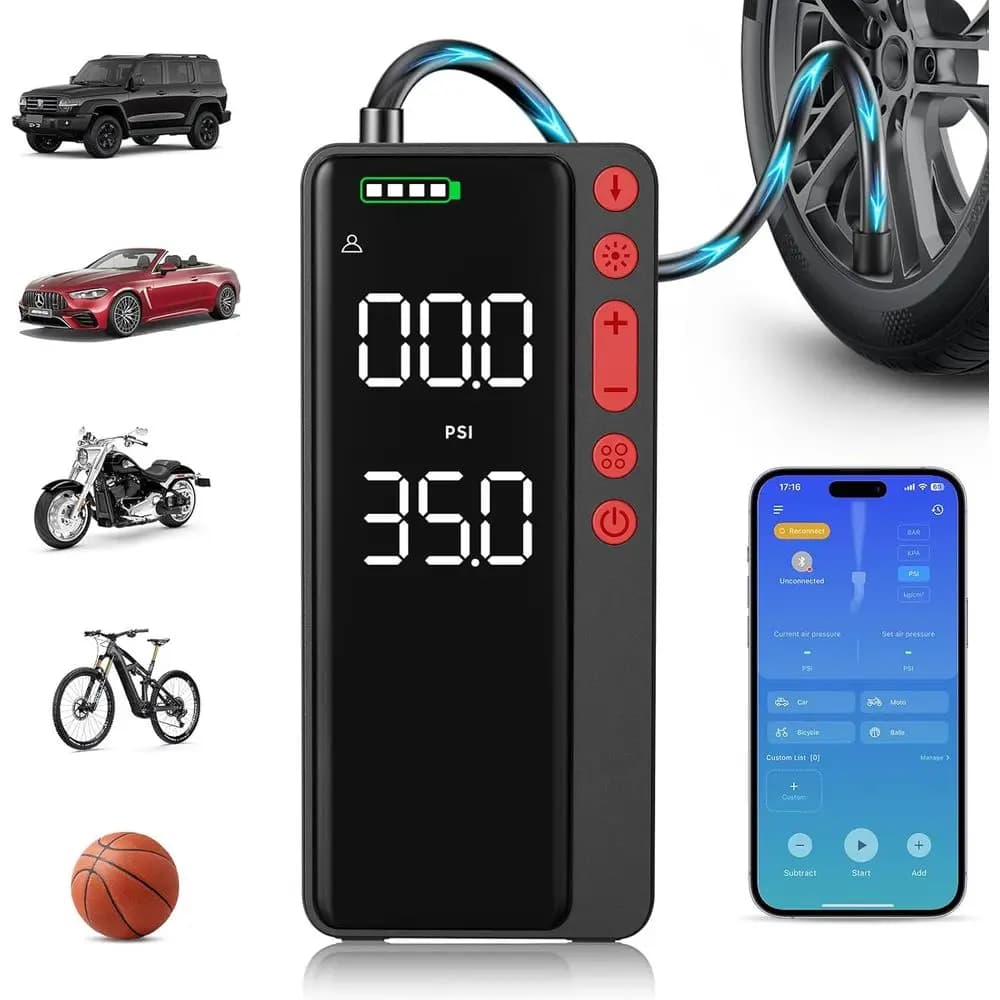 Compressore d'aria portatile, pompa d'aria senza fili con APP intelligente da 10000 mAh e 150 PSI per pneumatici auto, porta accessori integrato, pompa per bici con