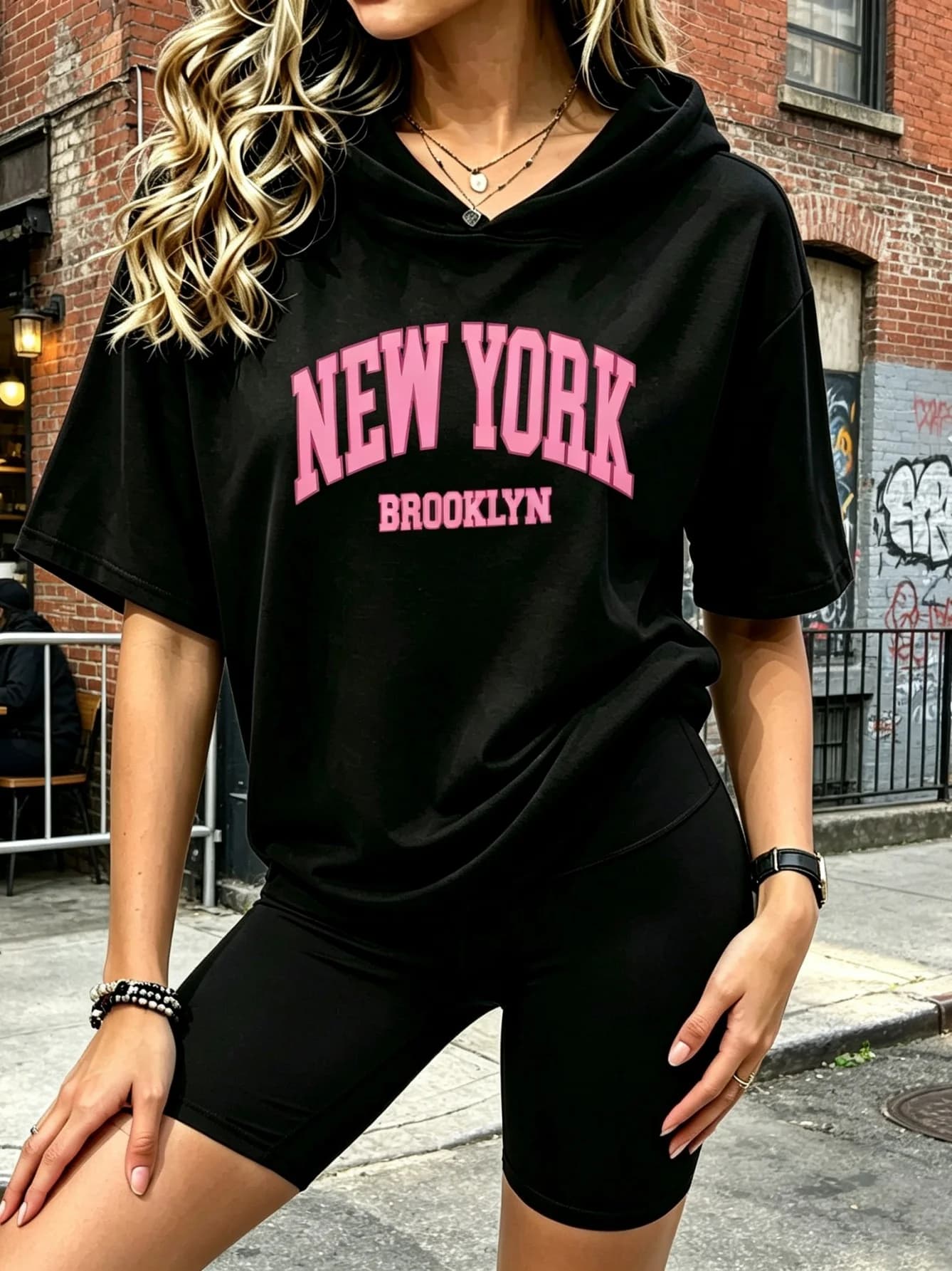 Women's Oversized Black Hoodie And Pink Biker Shorts 2-Piece Set Casual Tracksuit with NY Brooklyn Print Streetwear