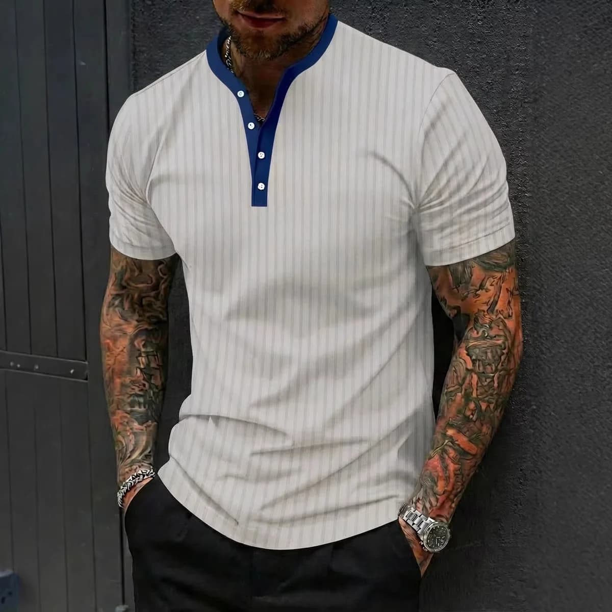 Men's V-neck Short Sleeve Striped T-shirt Casual Style Standard Fit Polyester Fabric Breathable Comfortable Summer Top