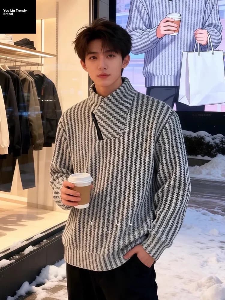 White American Style Zipper Hoodie Men's Autumn Winter Fleece Lined Long Sleeve Stand Collar Base Shirt Knitted T-shirt