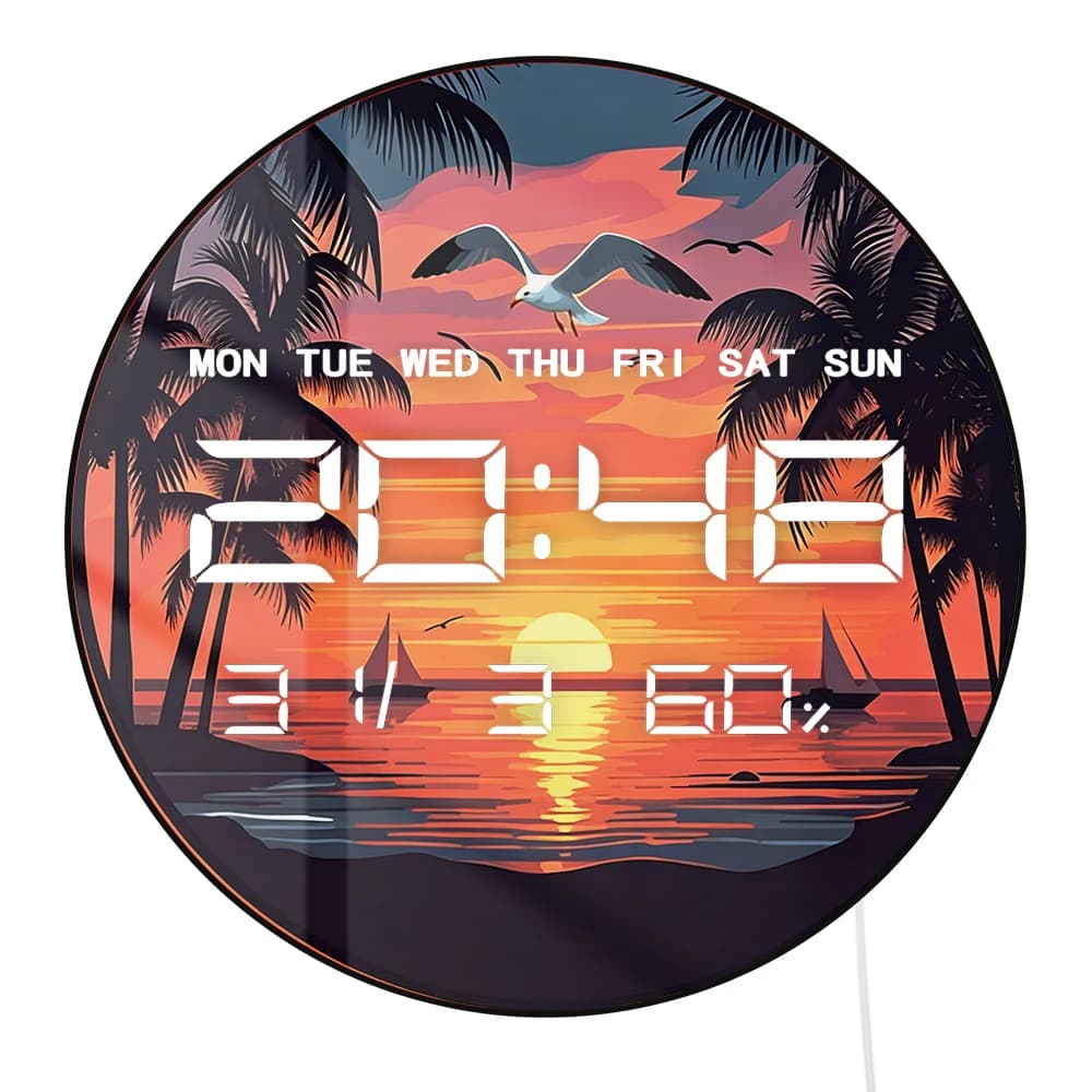 Orologio da Parete Digitale LED con Vista Mare, Tramonto e Palme, 12/24H, con Temperatura, Calendario e Data