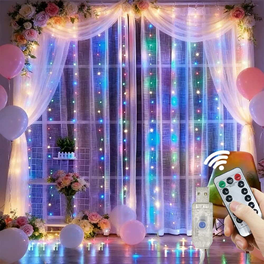 Luci a tenda LED 3/6M con alimentazione USB, luci fatate a ghirlanda per finestra, luci LED EID Mubarak con telecomando, decorazioni per matrimoni