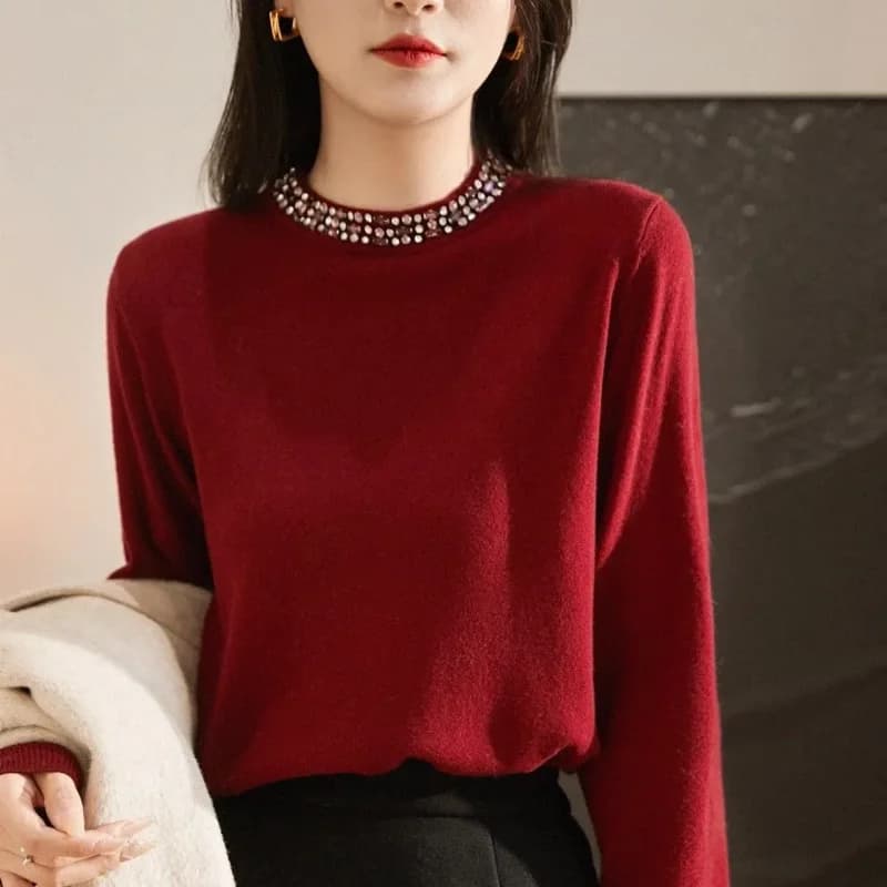 Women Elegant Solid Knit Sweater Rhinestone Round Neck Long Sleeve Autumn Winter Soft Inner Base Layer Tops