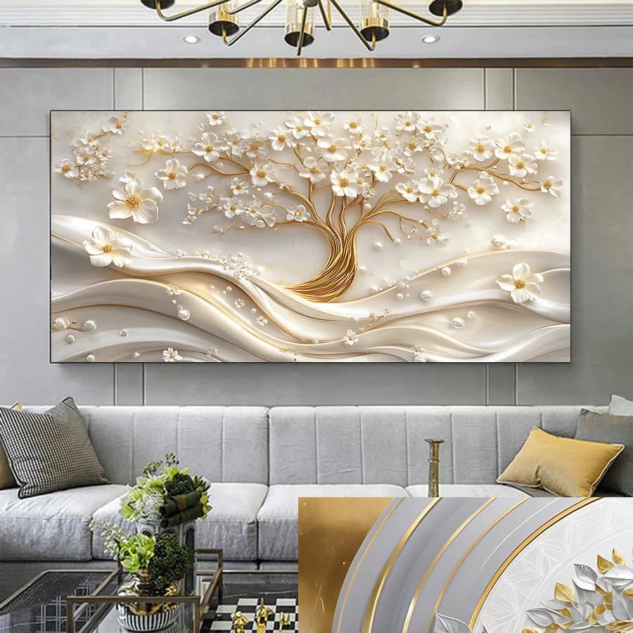 White Flower Gold Tree Abstract Art Posters, Wall arts Decor, Living Room, Bedroom, Home Office, Home Decor, No Framed
