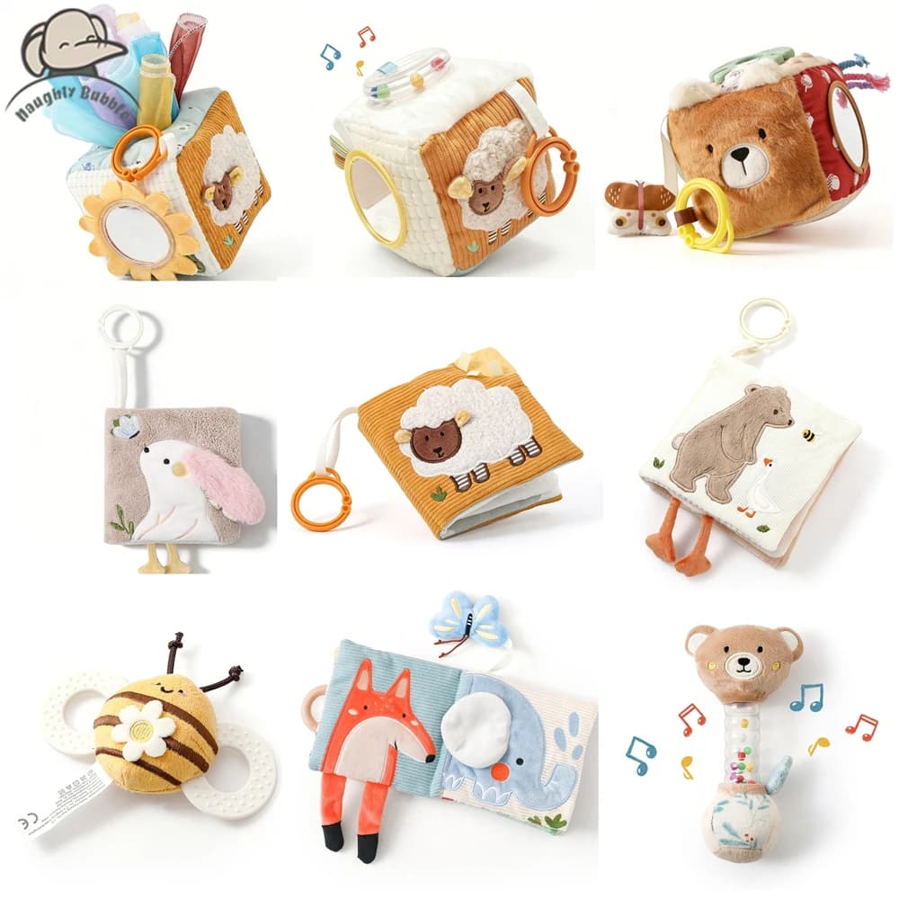 Cubo Sensoriale in Morbido Cotone per Neonati, Giocattolo con Sonaglio, Libro da Dentizione, Specchio e Carta Cresciuta, Giocattolo per lo Sviluppo Precoce, Regalo per Neonati e Neonato