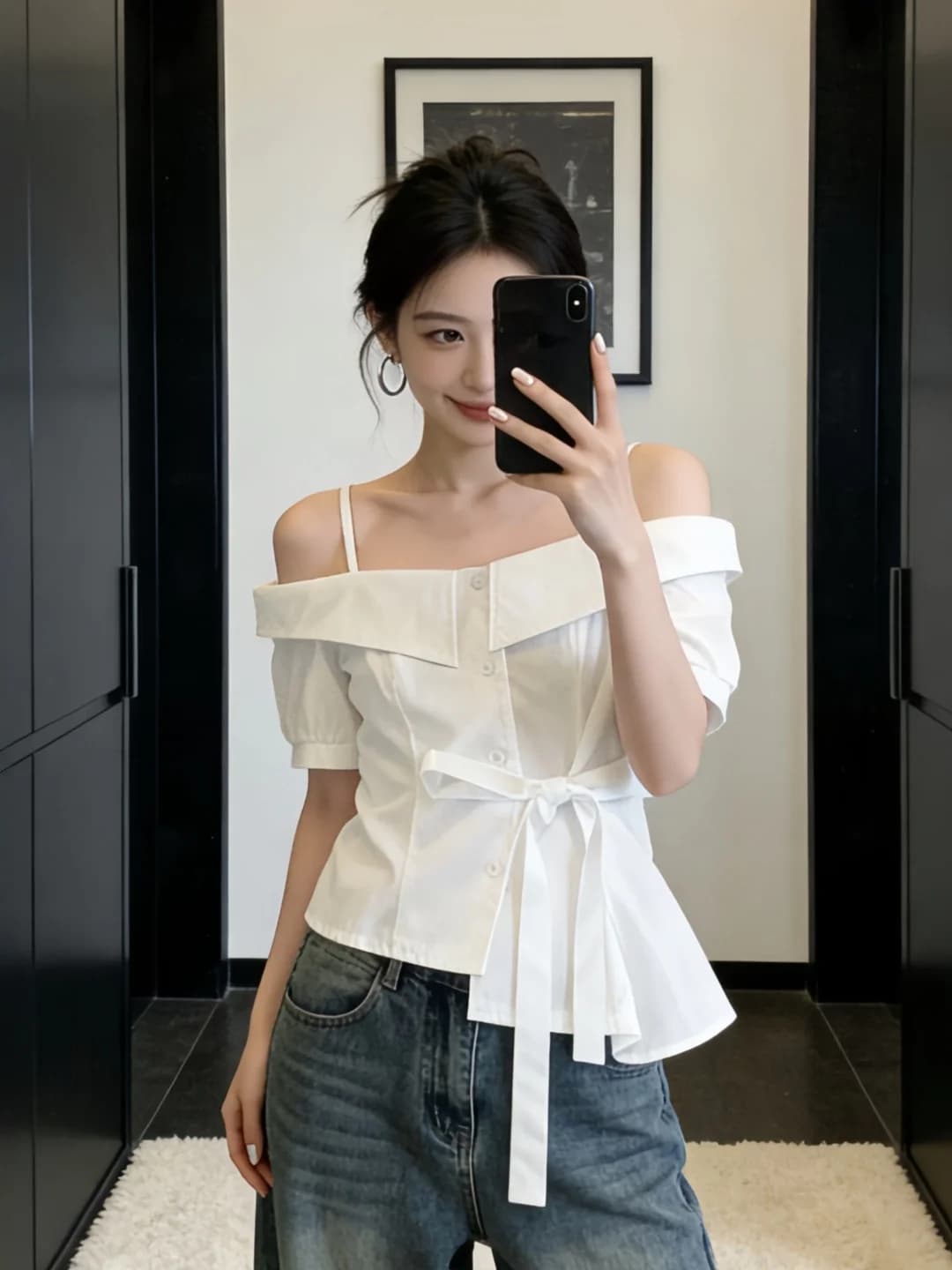White Strapless Belted Tie-Dress Shirt Women's Slim Fit Summer New Style French Style Bubble Sleeve Casual Top