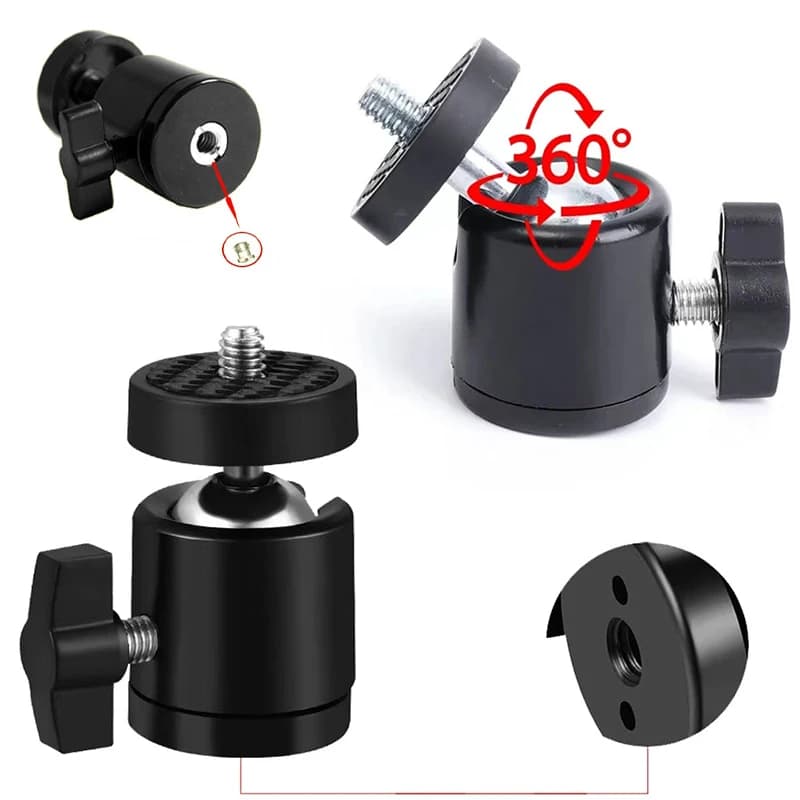 Adattatore universale per mini testa a sfera in metallo, regolazione dell'angolo, vite da 1/4 "e 3/8" per fotocamera DSLR, supporto per microfono, accessori per treppiede con luce a LED
