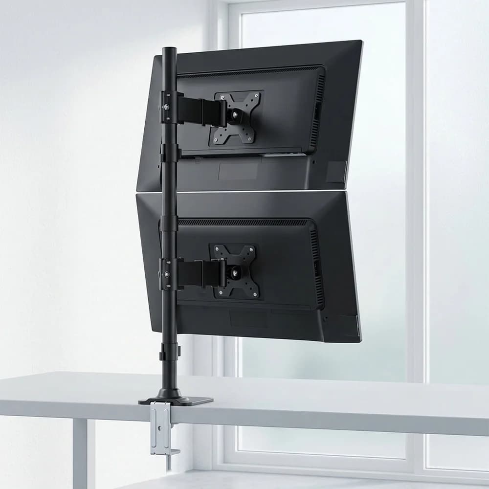 14-32" Dual Monitor Stand Vertical Stacked, Heavy Duty Desk Mount with C-Clamp & Grommet, 10kg per Arm Adjustable Pole Stand