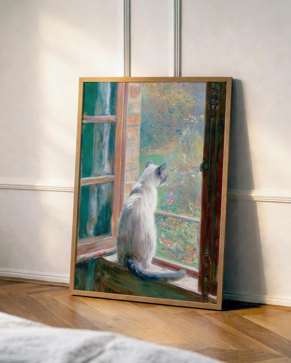 Monet Inspired Siamese Cat Window Wall Print - Impressionist Oil Painting of a Siamese Cat Gazing at a Garden, Green French Wind
