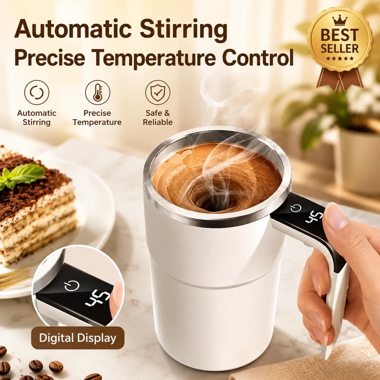 GMOX Automatic Magnetic Self Stirring Coffee Mug Rechargeable Mixing Cup with Temperature Display Stainless Steel Electric Protein Shaker
