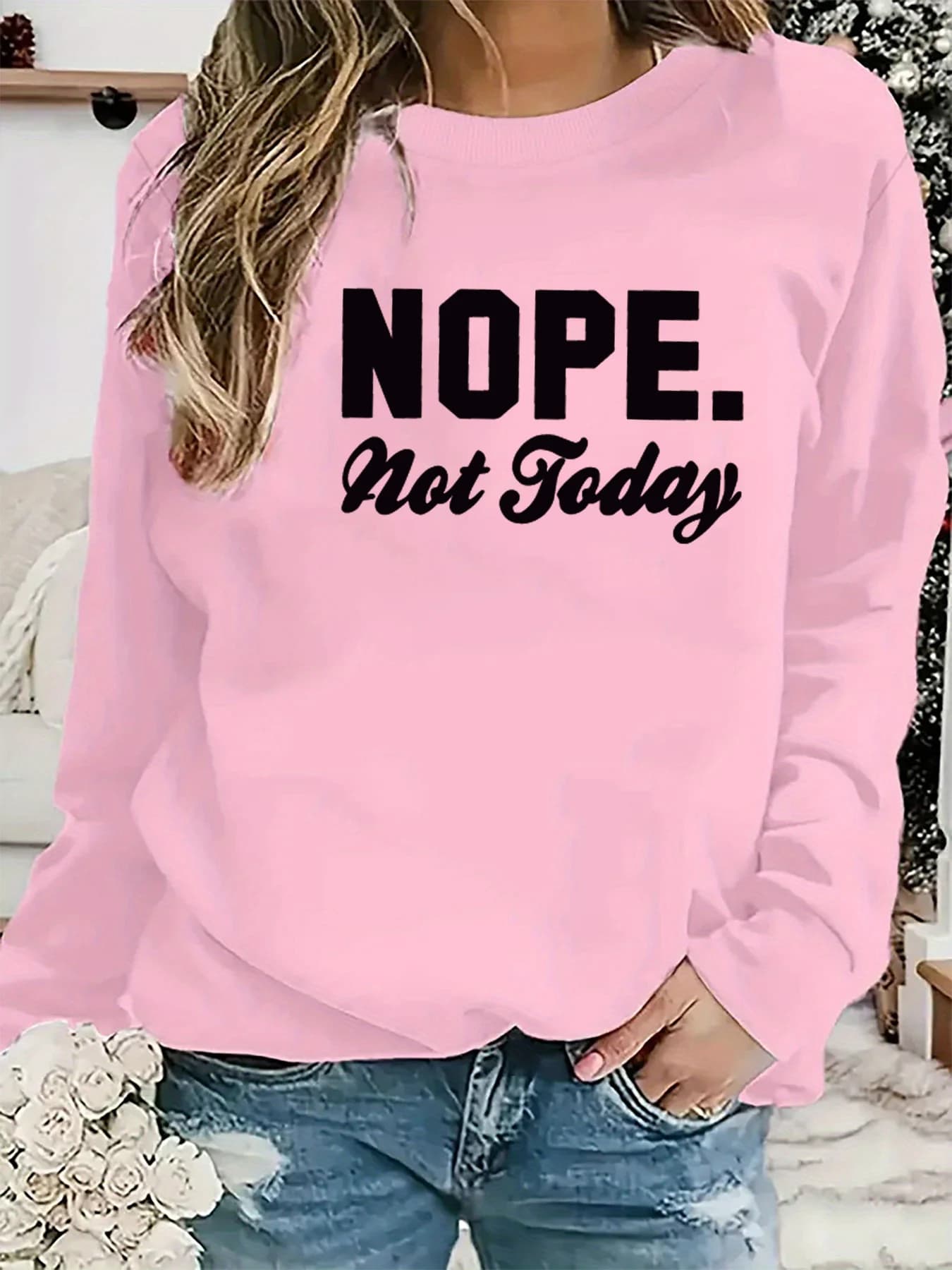 Pullover da donna autunno e inverno moda casual sciolto comodo caldo NOPE non oggi stampato girocollo a maniche lunghe