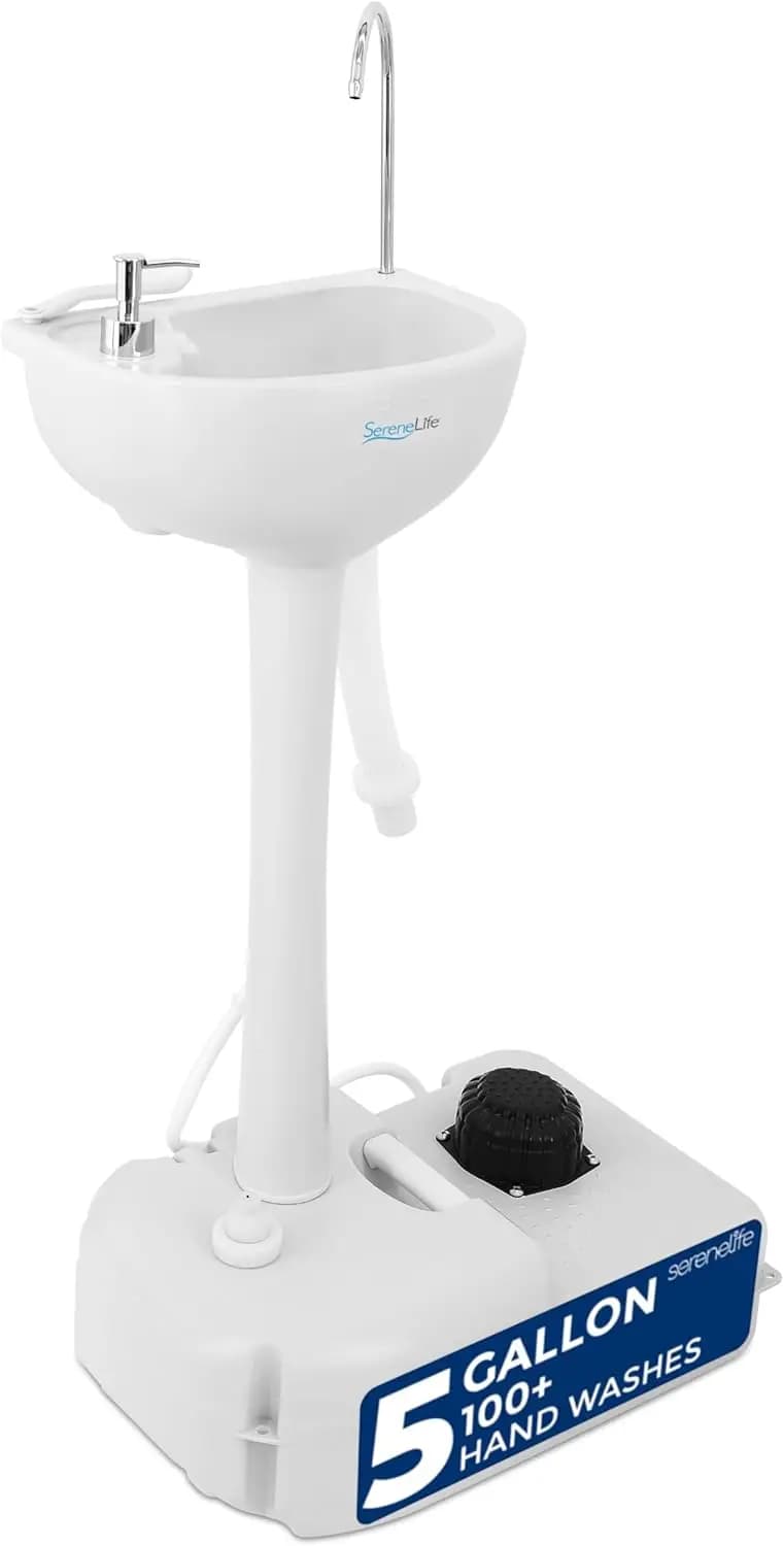Lavello Portatile da Campeggio con Serbatoio d'Acqua da 19L, Pompa a Pedale, Dispenser di Sapone e Portasciugamani per Uso Esterno
