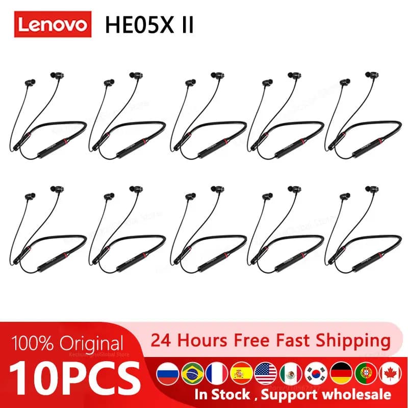 10PCS auricolari Bluetooth Wireless Lenovo HE05X II auricolari magnetici con archetto da collo cuffie sportive impermeabili con microfono a cancellazione di rumore