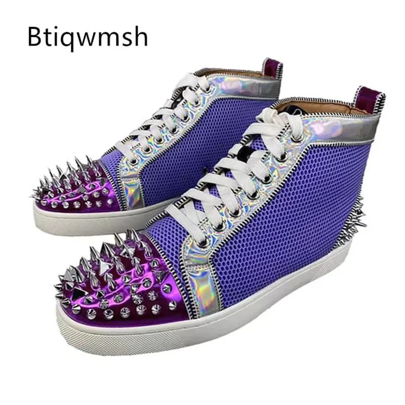Scarpe da ginnastica a spillo viola Uomo Punta tonda Rivetto argento Scarpe alte da donna Scarpe casual alla moda