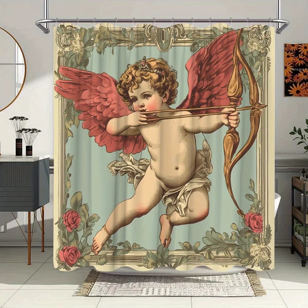 Tenda da doccia Chubby Cherubino - Illustrazione vintage con fiocco e freccia, rose rosa e bordi floreali, design romantico, poliestere, 12 ganci