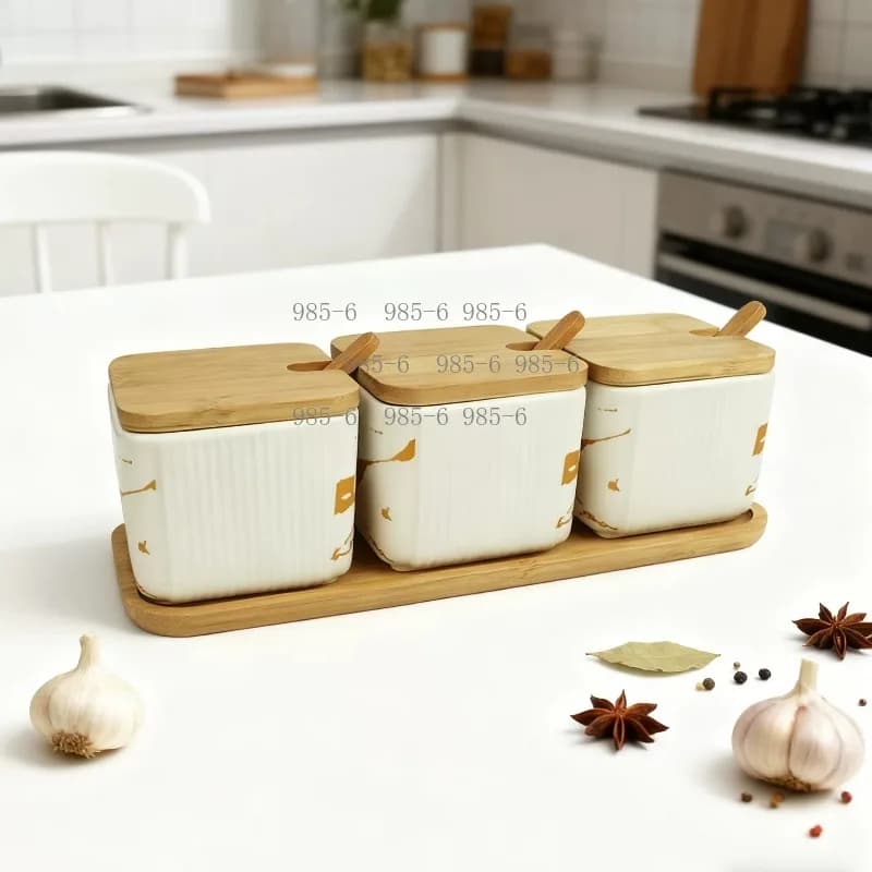White Ceramic Spice Jar Set, Nordic Minimalist Kitchen Storage Containers with Bamboo Lids