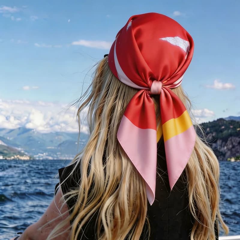 Foulard Quadrato in Raso di Seta Leggero con Stampa Color Block alla Moda, Bandana per Donna, Accessorio per Collo, Capelli e Testa per Festival e Vacanze