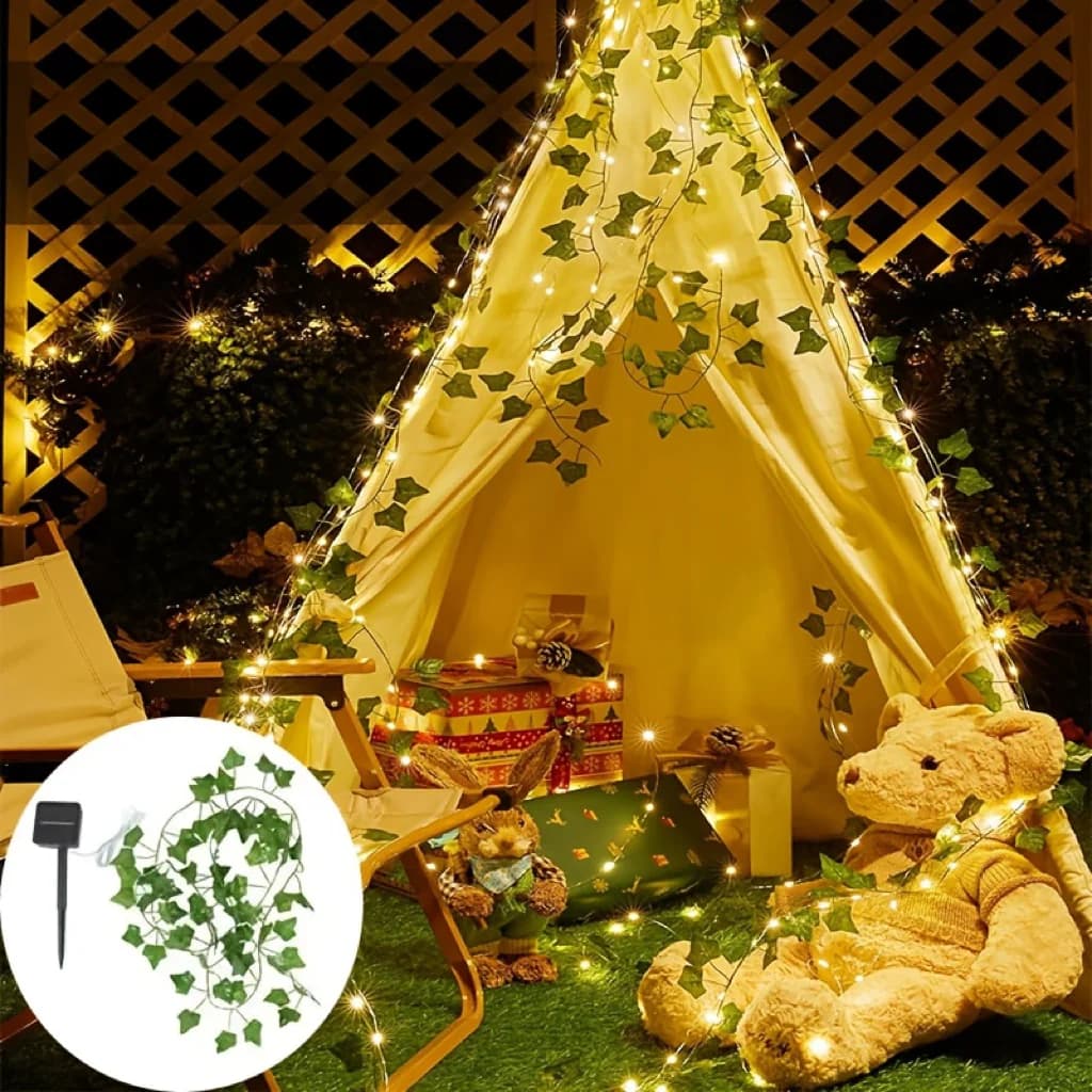 Ghirlanda Solare con Foglie di Edera Artificiale 5/10M, 8 Modalità, Luci LED a Stringa Solare per Decorazioni da Giardino, Feste e Campeggio