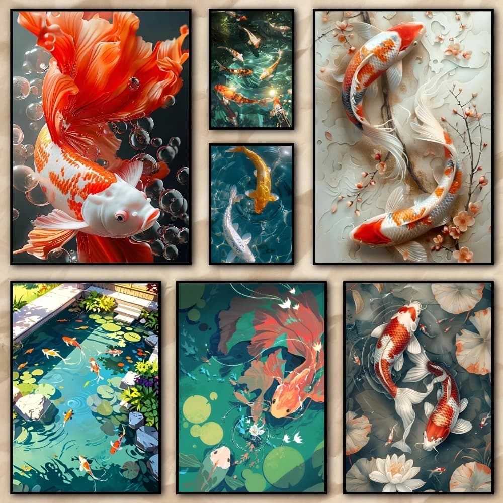 Koi fish that always brings good luck Painting HD Poster living room bedroom bar aesthetic decoration