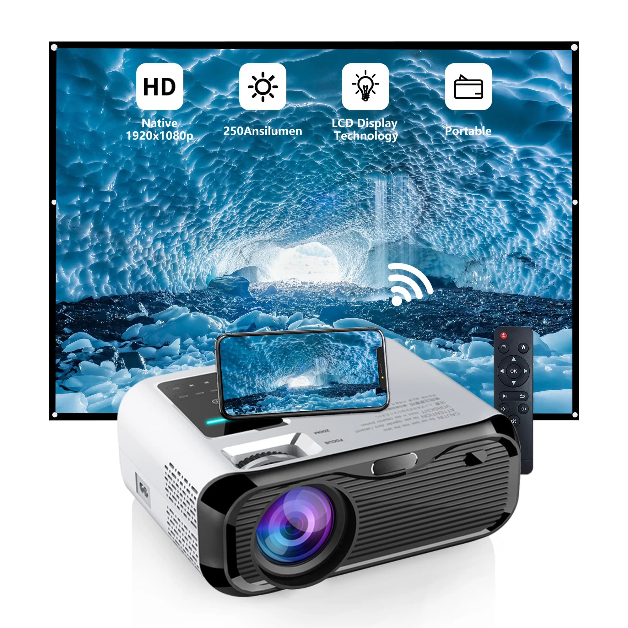 Full HD Manual Focus Keystone LCD Projector With Smart Mirror Screen Supports 4K 1080p