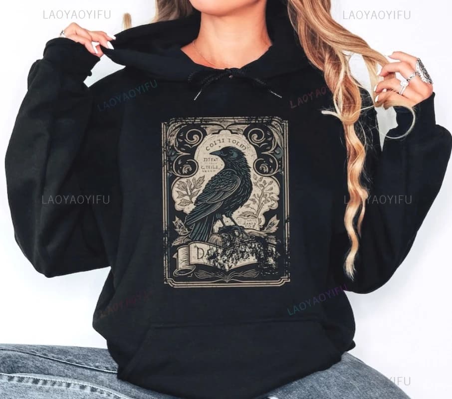 Felpa con cappuccio con carta dei tarocchi corvo gotico Felpa con cappuccio corvo strega Maglione gotico occulto Abbigliamento scuro Maglione Pullover girocollo