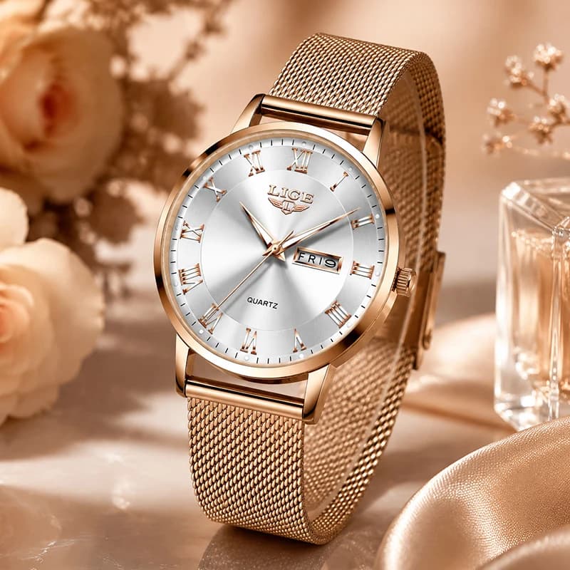 LIGE Ladies Watches Top Brand Luxury Waterproof Quartz Watch for Women Rose Gold Ultra Thin Mesh Date Female Clock Reloj Mujer