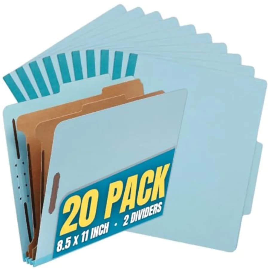 Cartelle Classificatrici con 2 Divisori, Cartelle Portadocumenti con Separatori da 2,5 Pollici, Formato Lettera, Azzurro, 20 Pezzi