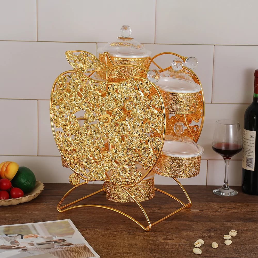 Piatto per snack con scatola di frutta secca con motivo rotante squisito mulino a vento, forma di luna in metallo, piatto di frutta creativo per soggiorno.