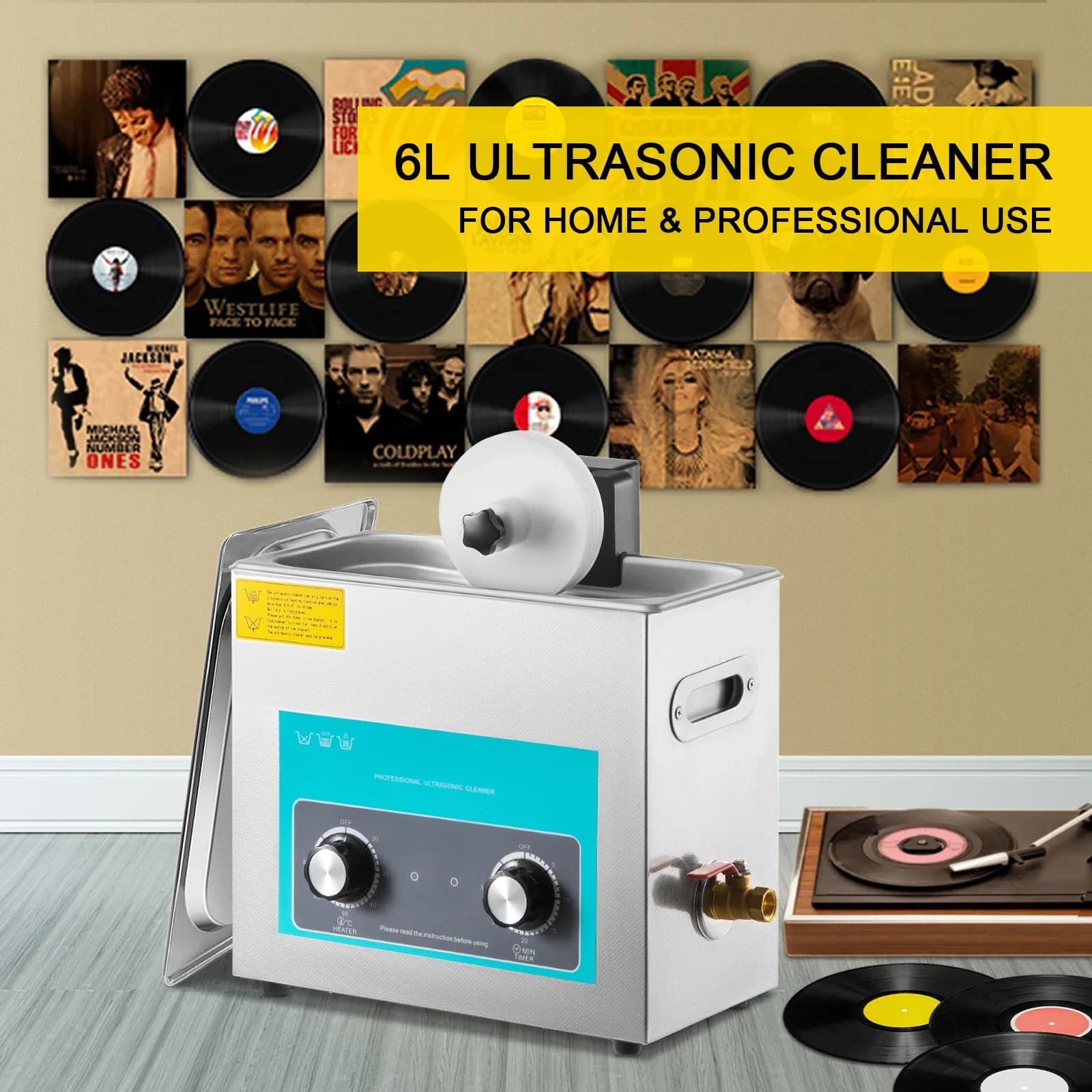 SIHAO 6L Pulitore per dischi in vinile ad ultrasuoni Manopola Mini macchina ad ultrasuoni portatile per lenti a contatto Pulizia dei gioielli dentali