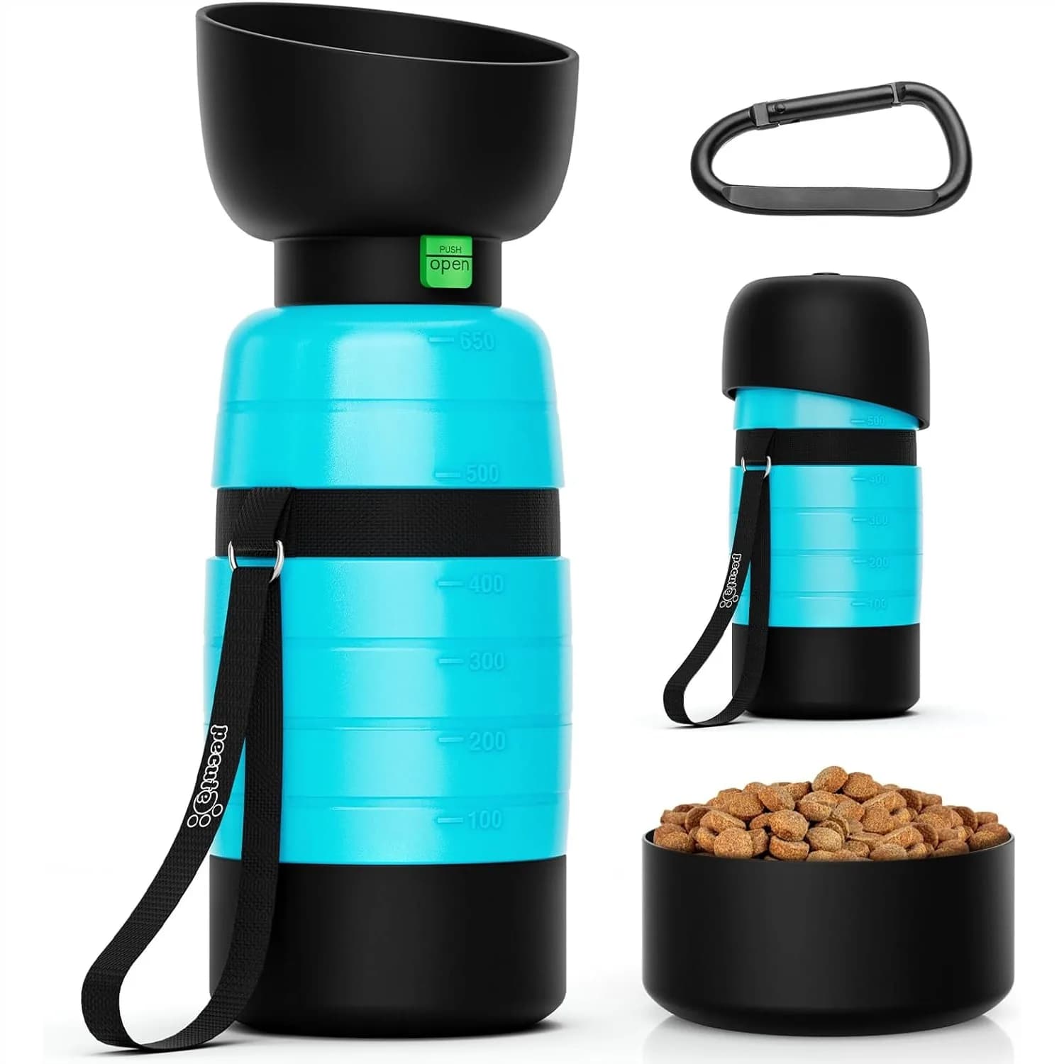 Pecute Bottiglia d'acqua per cani da 22 Oz con contenitore per alimenti da 5 Oz, distributore d'acqua portatile per animali domestici, a prova di perdite, leggero, per passeggiate all'aperto, escursioni, campeggio