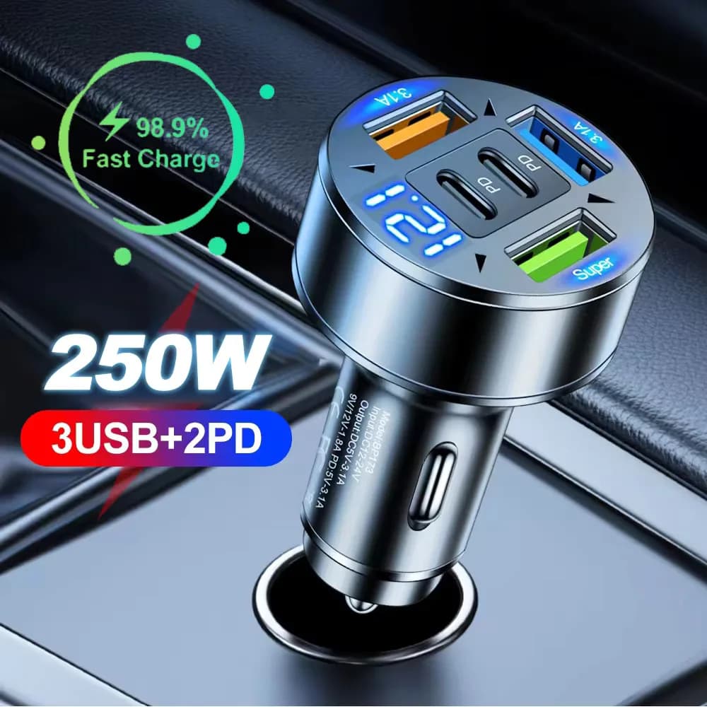 Caricabatteria da auto 250W 5 porte ricarica rapida PD QC3.0 USB C adattatore per caricabatteria da auto con tensione per iPhone Samsung Huawei Xiaomi