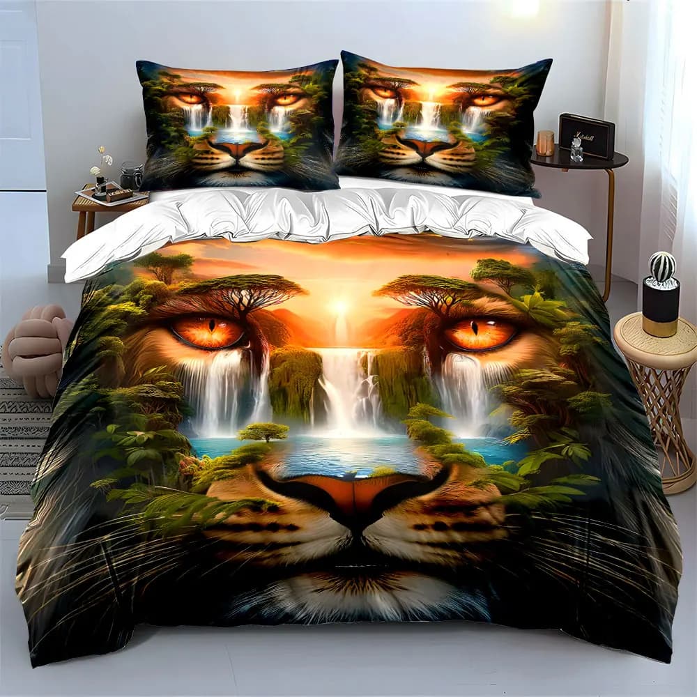 Set Copripiumino con Stampa 3D Occhi di Tigre nella Giungla e Cascate, Design in Poliestere Morbido, Set Biancheria da Letto per Tutte le Stagioni
