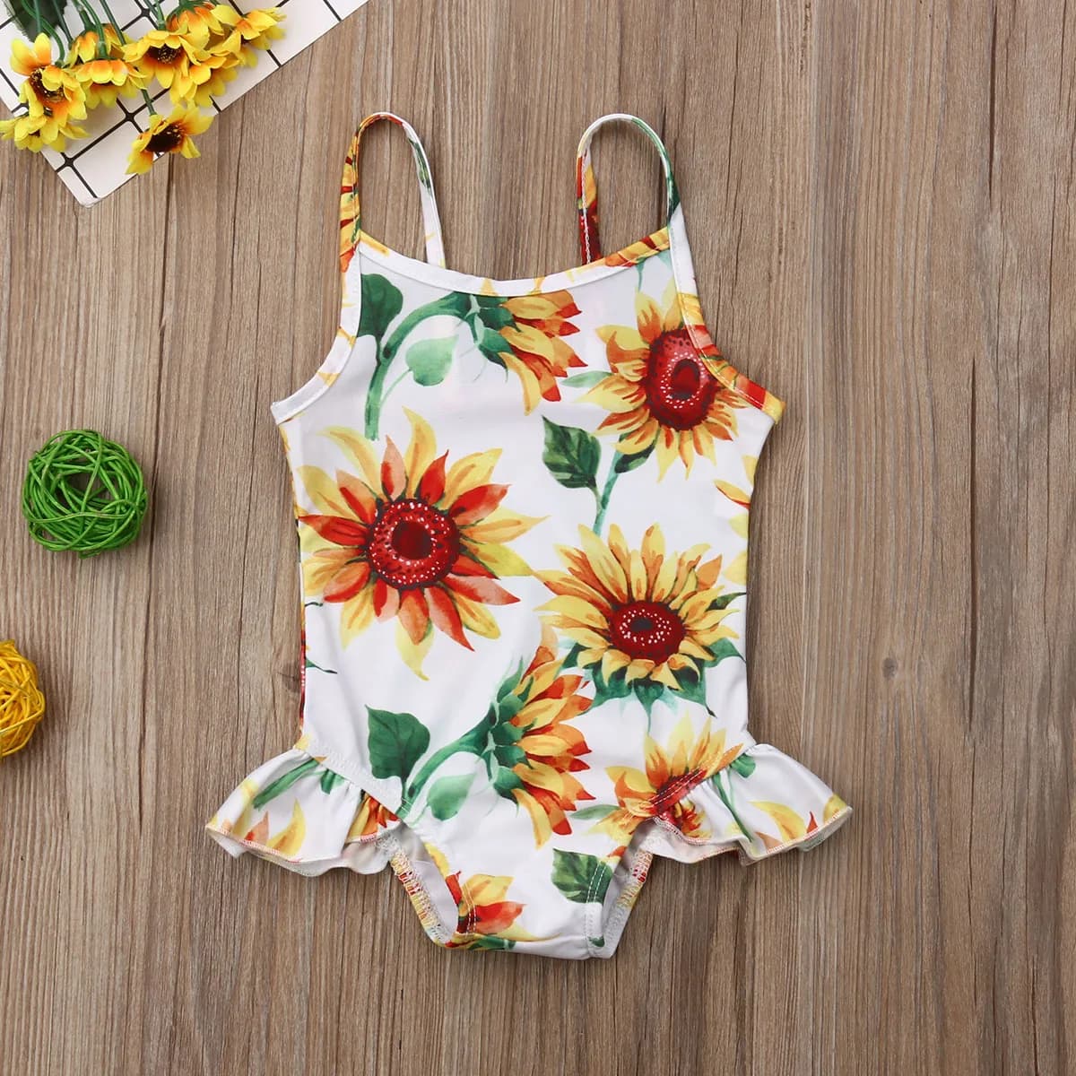 Costume da bagno per bambina con stampa girasole e volant, in cotone, senza maniche, per l'estate