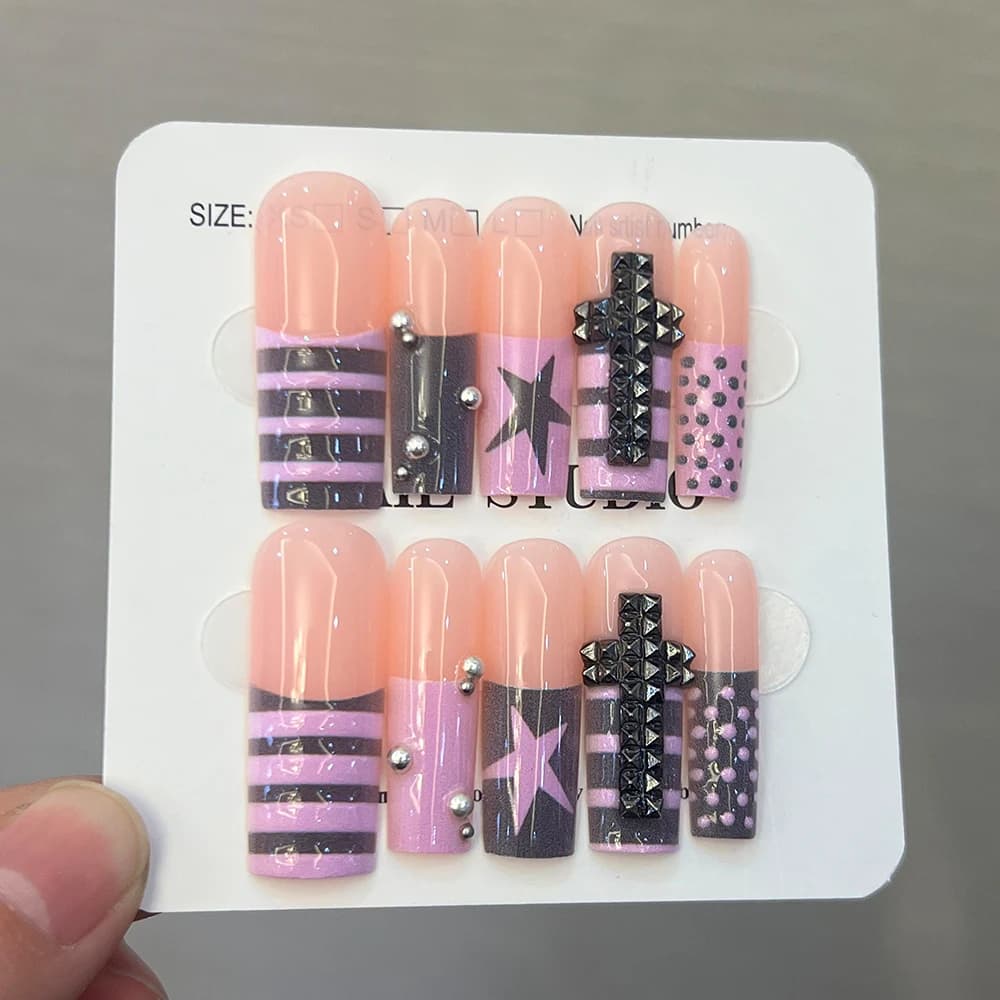 10-piece handcrafted Y2K-style rectangular 3D gel polka dot French manicure stickers, with star and pearl decorations included