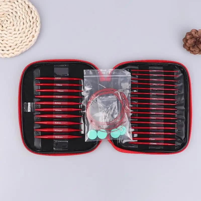 Set di Uncinetti Multifunzionali, Ferri da Maglia Circolari Intercambiabili, Kit per Uncinetto Fai-da-Te, Artigianato Manuale, Borsa Rossa
