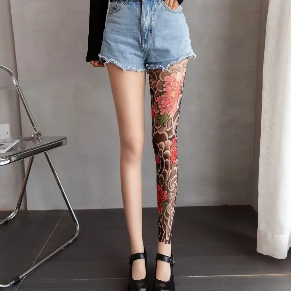 Collant da donna sexy alla moda con stampa, effetto tatuaggio finto peonia, in rete, in nylon