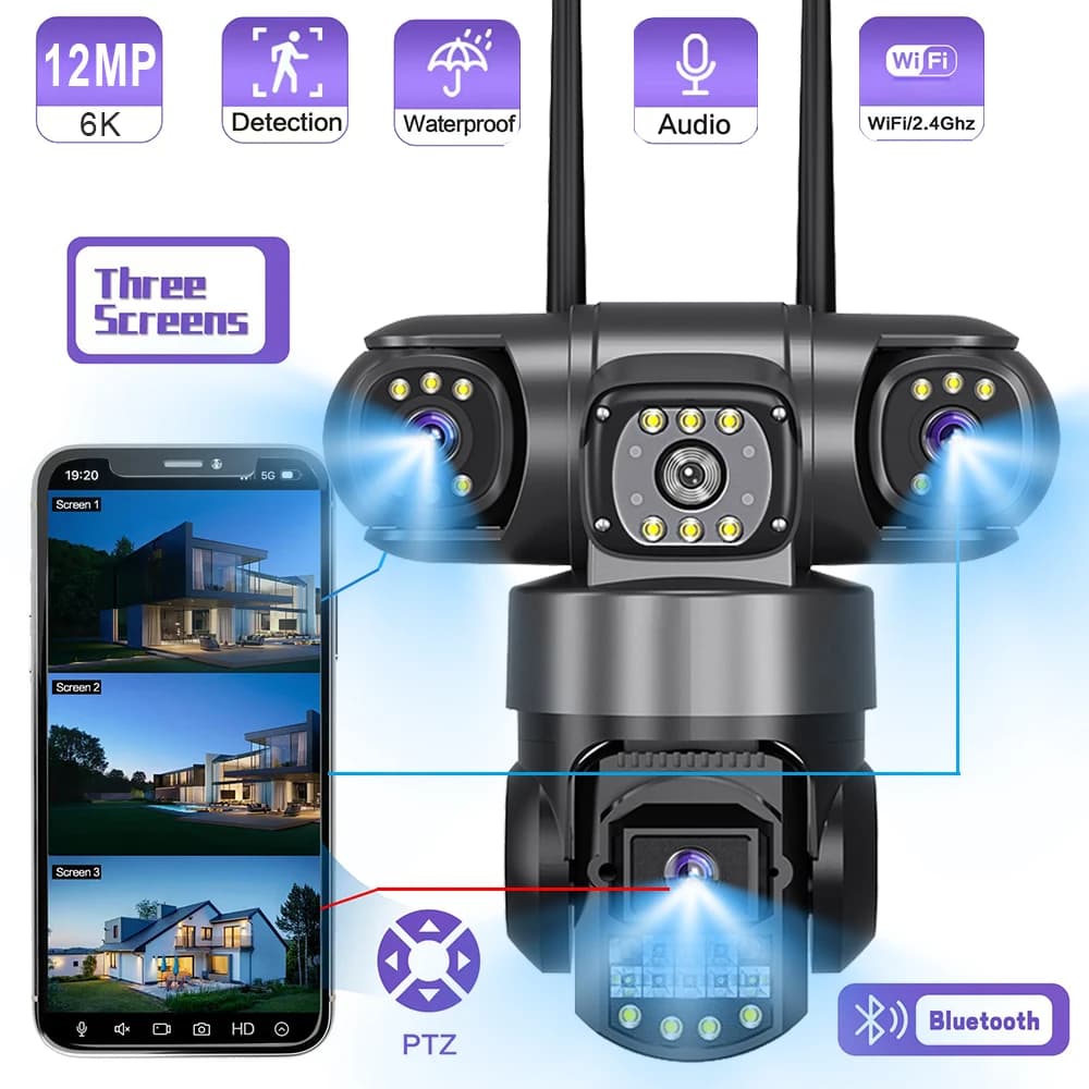 Telecamera IP WiFi 12MP 6K PTZ Telecamera esterna a tre obiettivi e schermi CCTV wireless Video Monitor Protezione di sicurezza Supporto Visione notturna a colori