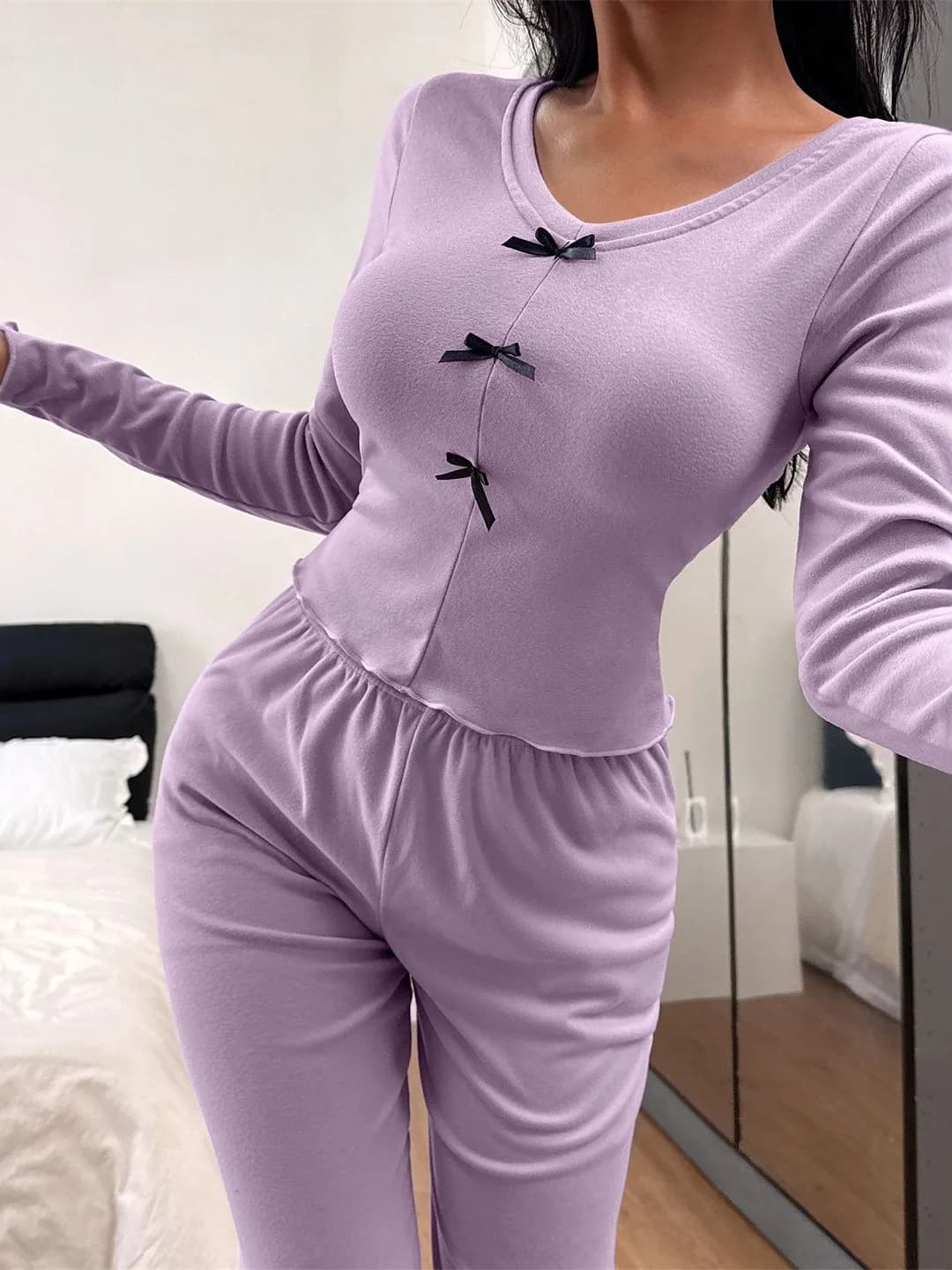 Fashionable Long Sleeve Long Pants Homewear Pajamas Set Women's Sleepwear Comfortable Fit Suitable for Outdoor Spring Autumn
