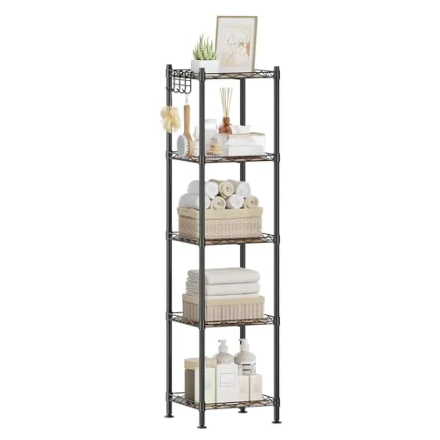 Scaffale da Bagno a 5 Ripiani, Scaffalatura Salvaspazio, 5 Ganci Rimovibili, Design Estensibile, Colore Marrone Rustico ULGR023B02