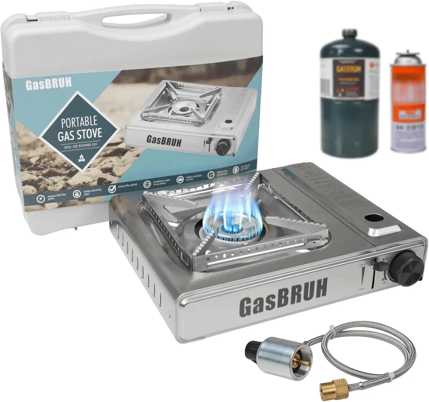 Dual Fuel 10000BTU portable camping stove with windblocker and transport case for outdoor cooking