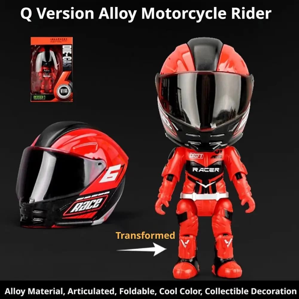 Figura di motociclista con articolazioni mobili, casco da corsa rimovibile e design realistico della tuta da pilota, ideale per collezionismo ed esposizione.
