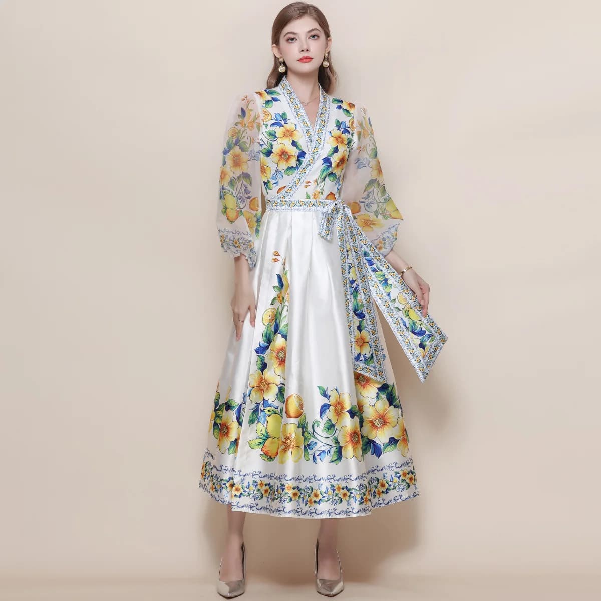 Summer Bohemian Gorgeous Flower Long Dress Women's V-Neck Mesh Sleeve Floral Print Bandage Lace Up Robe Vestidos Party Clothes