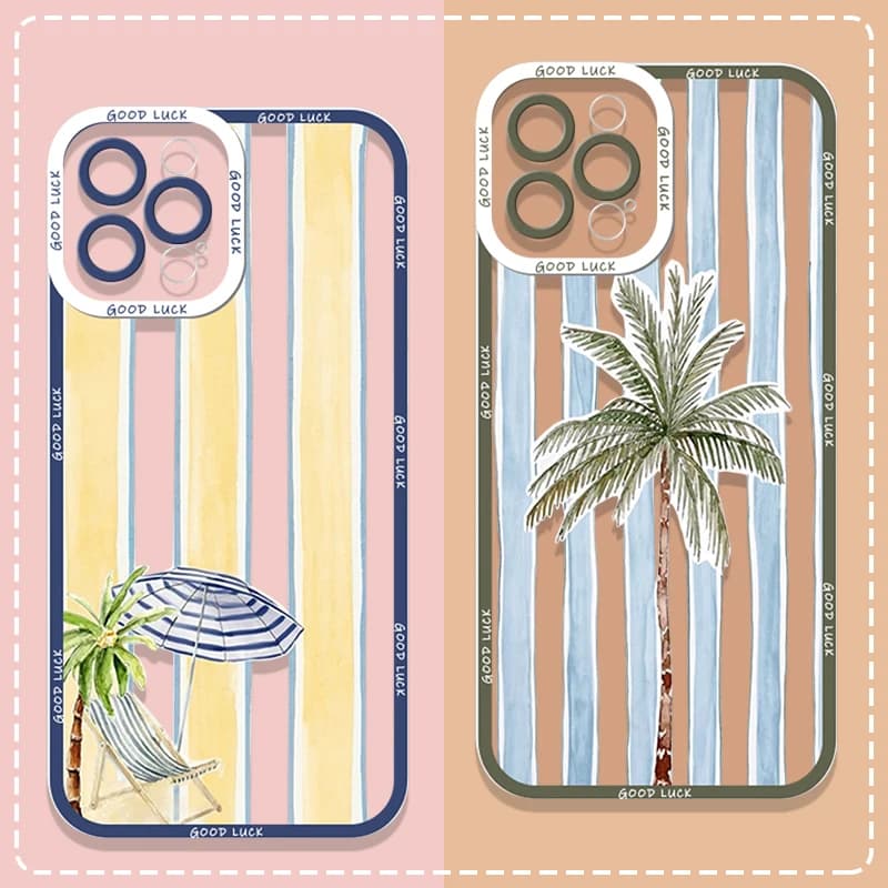 Cover Morbida Trasparente con Stampa a Righe di Palme e Cocco Estivo per Samsung Galaxy A56 A07 A17 A55 A54 A53 A52 A16 A36 A14