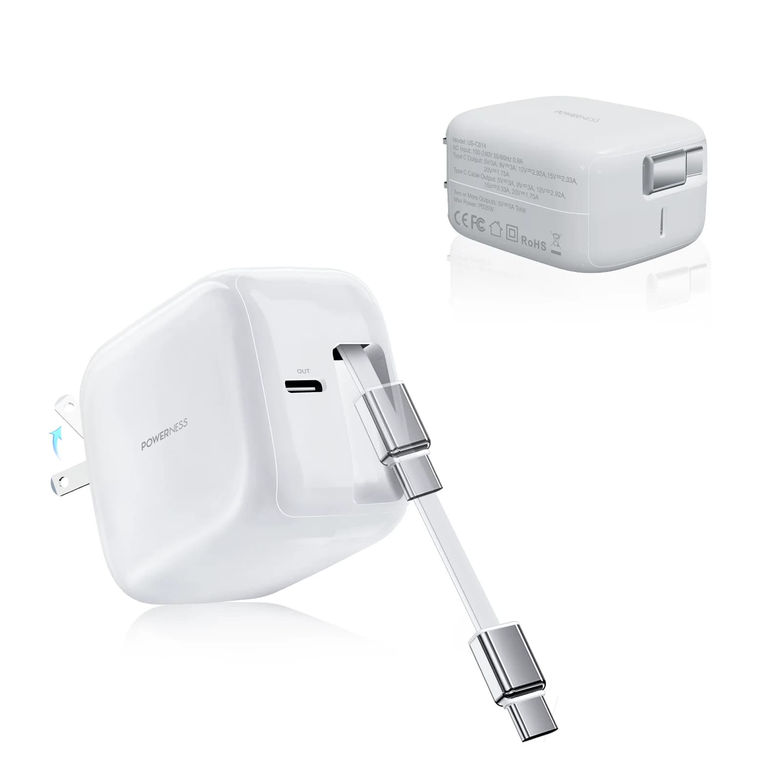 Nuovo Caricabatterie Bianco USB-C Tipo-C da 35W con Cavo Retrattile Fino a 60cm, Ideale per Viaggi, Compatibile con iPhone e Xiaomi