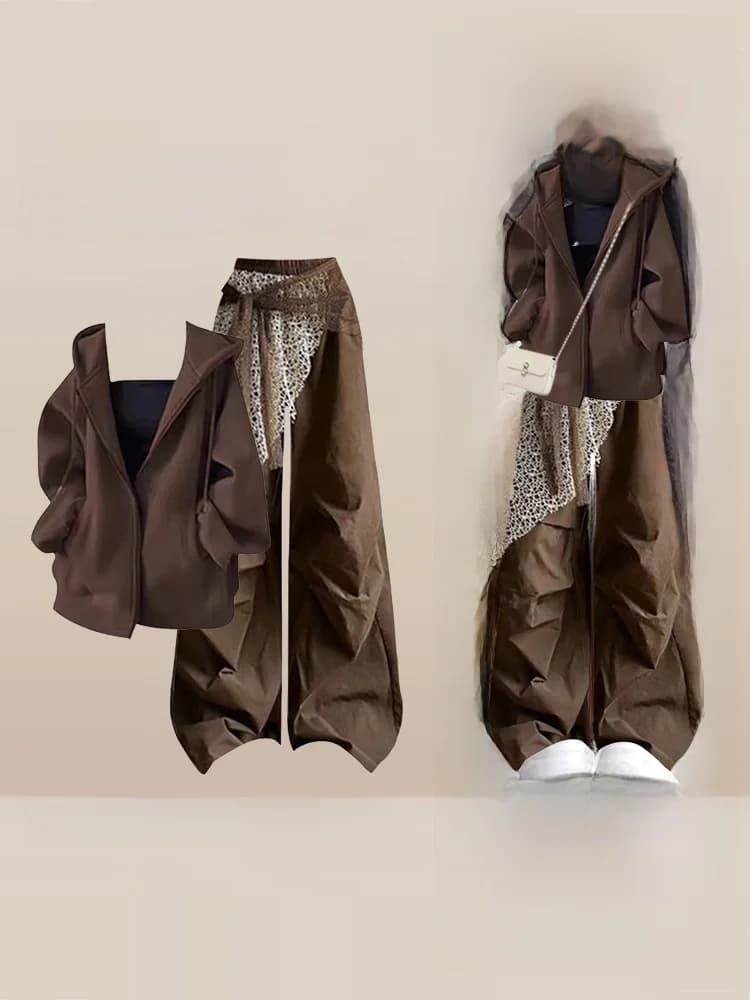 Fall Fashion Brown Hoodie Set with Camisole Casual Patchwork Women's Three-piece American Style Adult Clothing Ensemble